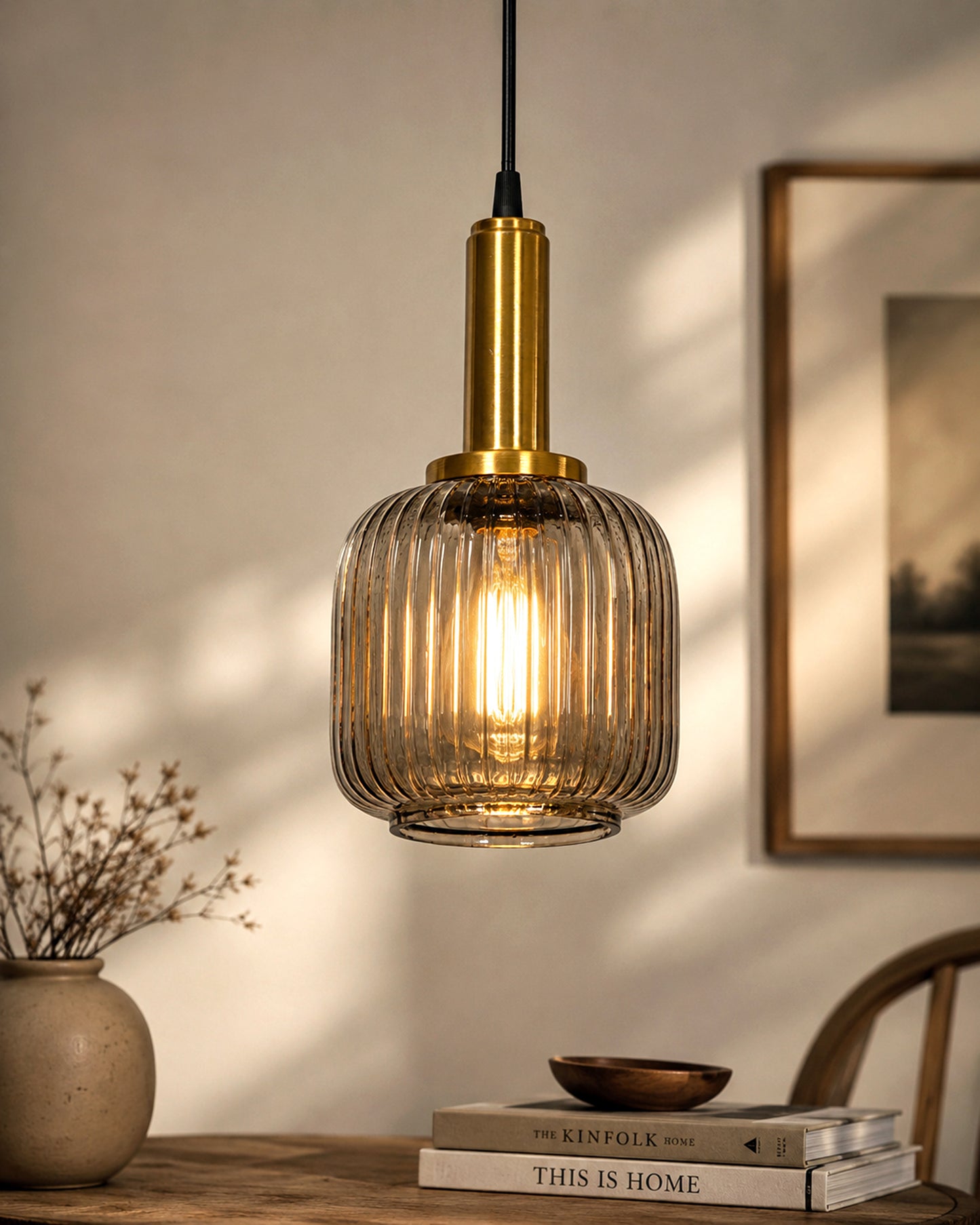 Homesake® Modern Ribbed Glass Pendant Light | Antique Brass Hanging Ceiling Lamp | Decorative Fluted Glass Light Fixture for Kitchen Island, Dining Room, Living Room & Hallway