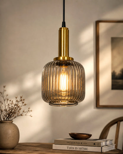 Homesake® Modern Ribbed Glass Pendant Light | Antique Brass Hanging Ceiling Lamp | Decorative Fluted Glass Light Fixture for Kitchen Island, Dining Room, Living Room & Hallway
