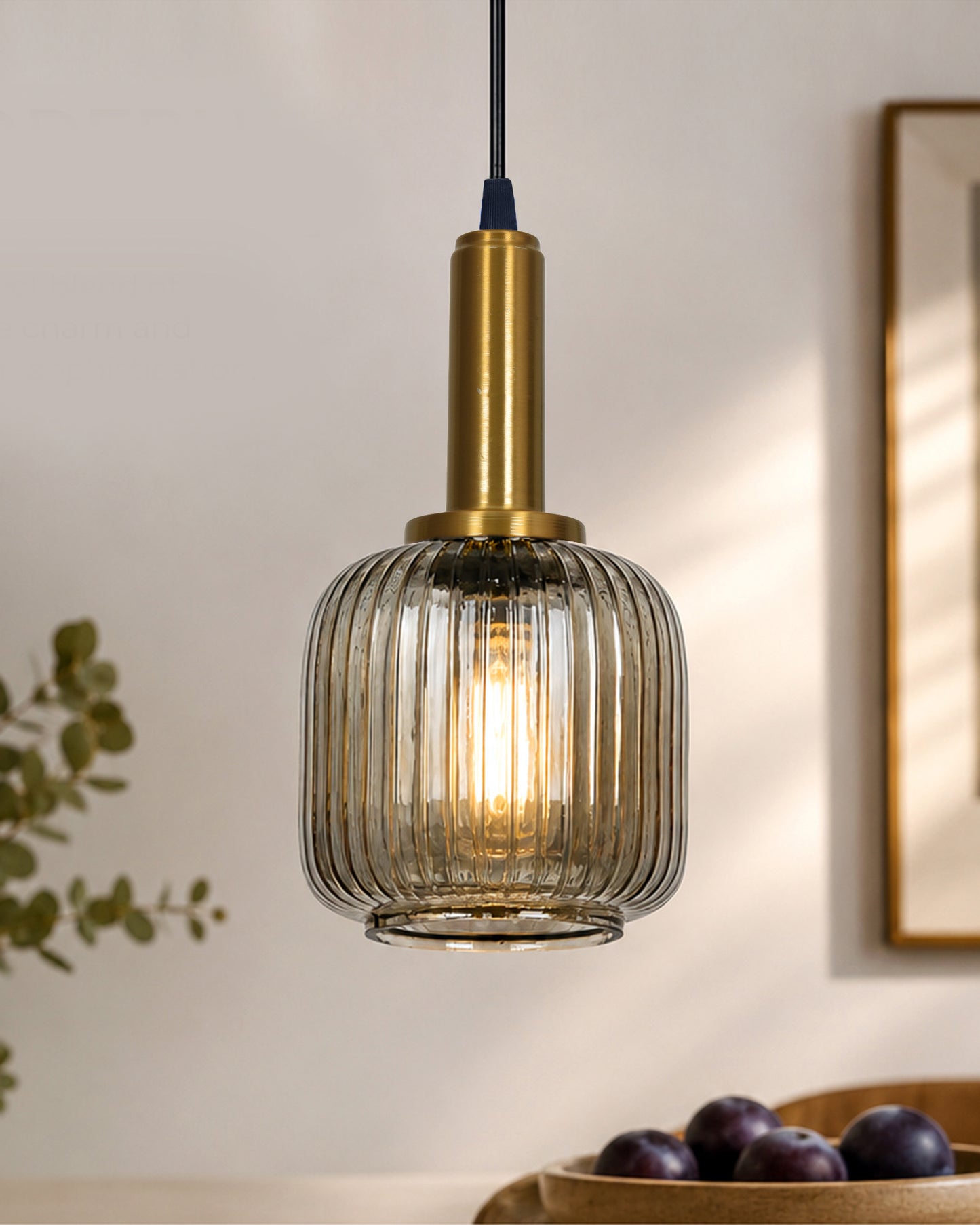 Homesake® Modern Ribbed Glass Pendant Light | Antique Brass Hanging Ceiling Lamp | Decorative Fluted Glass Light Fixture for Kitchen Island, Dining Room, Living Room & Hallway