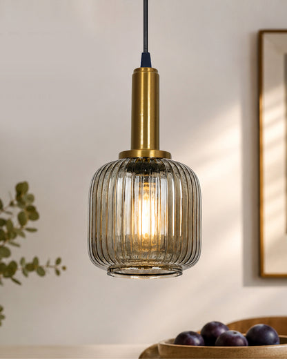 Homesake® Modern Ribbed Glass Pendant Light | Antique Brass Hanging Ceiling Lamp | Decorative Fluted Glass Light Fixture for Kitchen Island, Dining Room, Living Room & Hallway