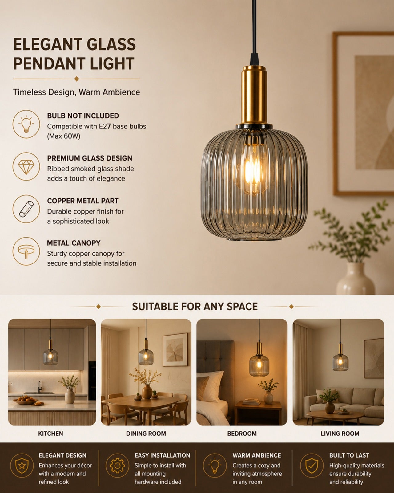 Homesake® Modern Ribbed Glass Pendant Light | Antique Brass Hanging Ceiling Lamp | Decorative Fluted Glass Light Fixture for Kitchen Island, Dining Room, Living Room & Hallway