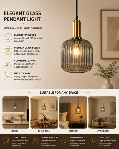 Homesake® Modern Ribbed Glass Pendant Light | Antique Brass Hanging Ceiling Lamp | Decorative Fluted Glass Light Fixture for Kitchen Island, Dining Room, Living Room & Hallway