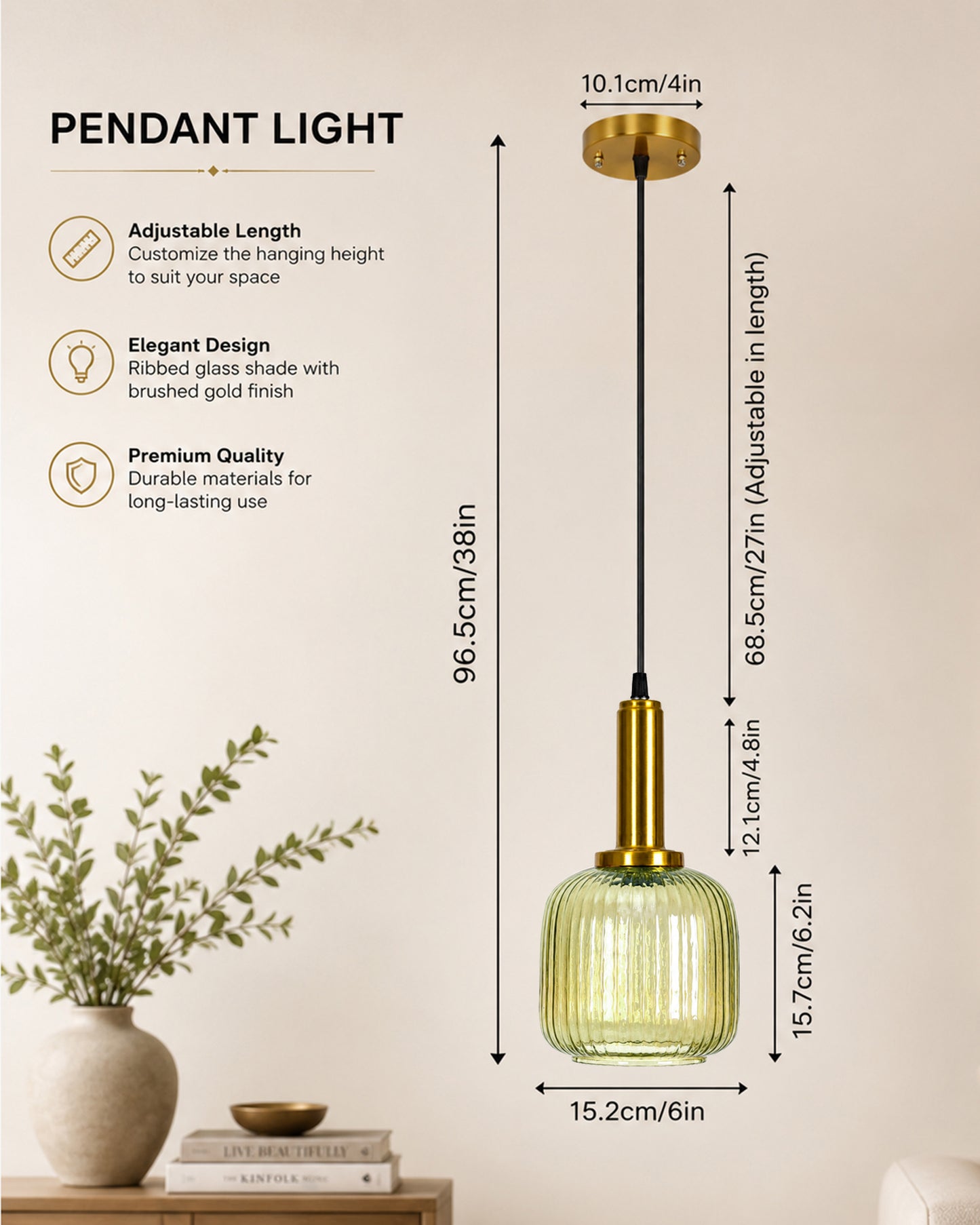 Homesake® Modern Ribbed Glass Pendant Light | Antique Brass Hanging Ceiling Lamp | Decorative Fluted Glass Light Fixture for Kitchen Island, Dining Room, Living Room & Hallway