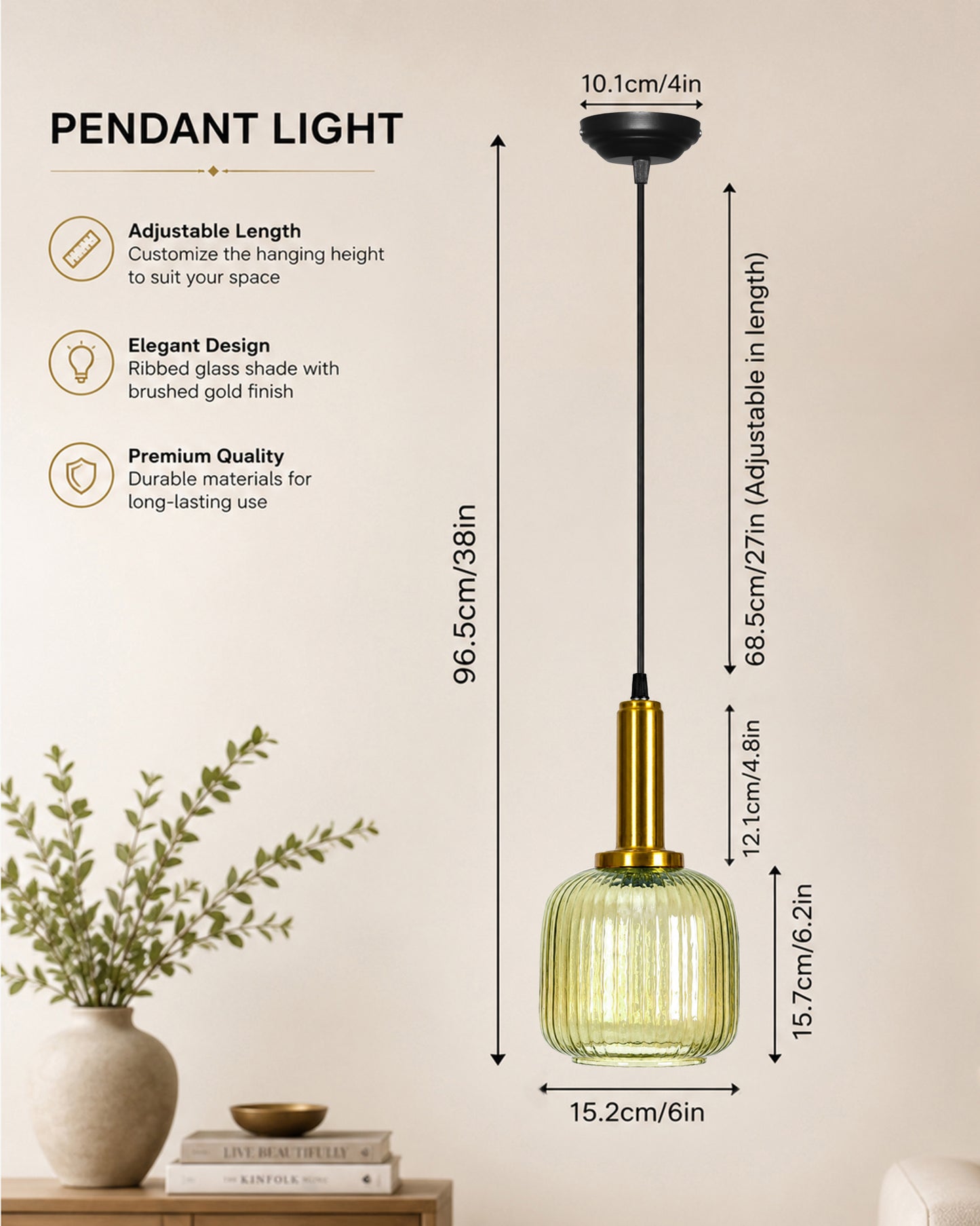 Homesake® Modern Ribbed Glass Pendant Light | Antique Brass Hanging Ceiling Lamp | Decorative Fluted Glass Light Fixture for Kitchen Island, Dining Room, Living Room & Hallway