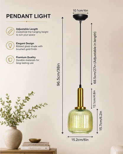 Homesake® Modern Ribbed Glass Pendant Light | Antique Brass Hanging Ceiling Lamp | Decorative Fluted Glass Light Fixture for Kitchen Island, Dining Room, Living Room & Hallway