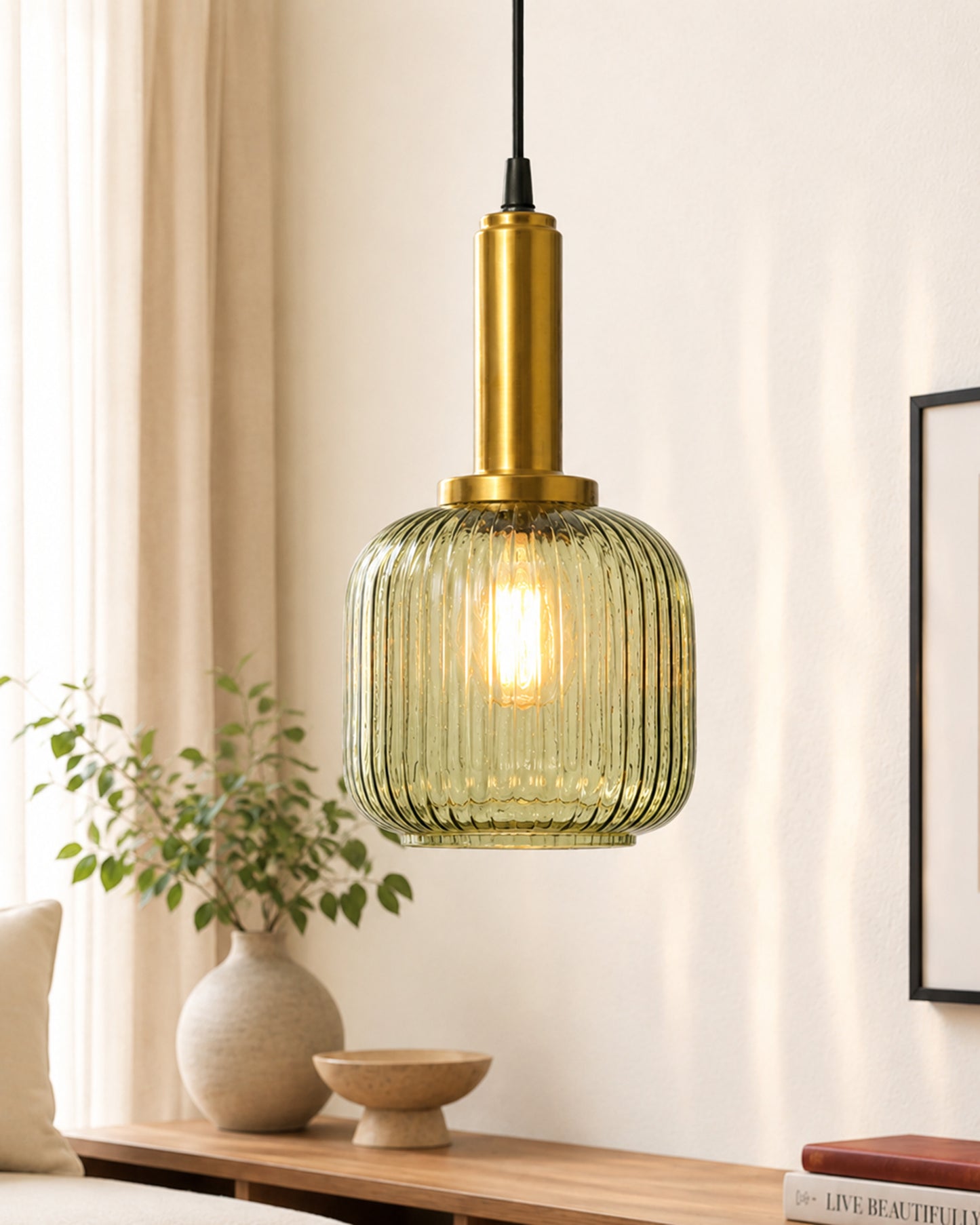 Homesake® Modern Ribbed Glass Pendant Light | Antique Brass Hanging Ceiling Lamp | Decorative Fluted Glass Light Fixture for Kitchen Island, Dining Room, Living Room & Hallway