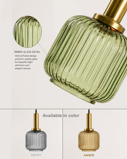 Homesake® Modern Ribbed Glass Pendant Light | Antique Brass Hanging Ceiling Lamp | Decorative Fluted Glass Light Fixture for Kitchen Island, Dining Room, Living Room & Hallway