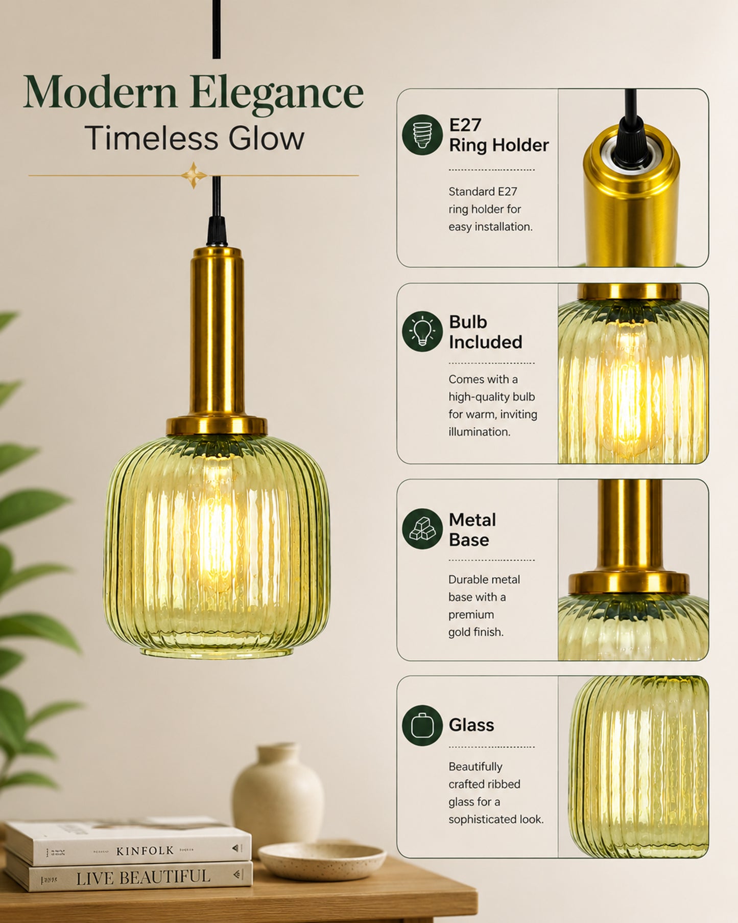 Homesake® Modern Ribbed Glass Pendant Light | Antique Brass Hanging Ceiling Lamp | Decorative Fluted Glass Light Fixture for Kitchen Island, Dining Room, Living Room & Hallway
