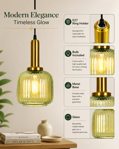 Homesake® Modern Ribbed Glass Pendant Light | Antique Brass Hanging Ceiling Lamp | Decorative Fluted Glass Light Fixture for Kitchen Island, Dining Room, Living Room & Hallway