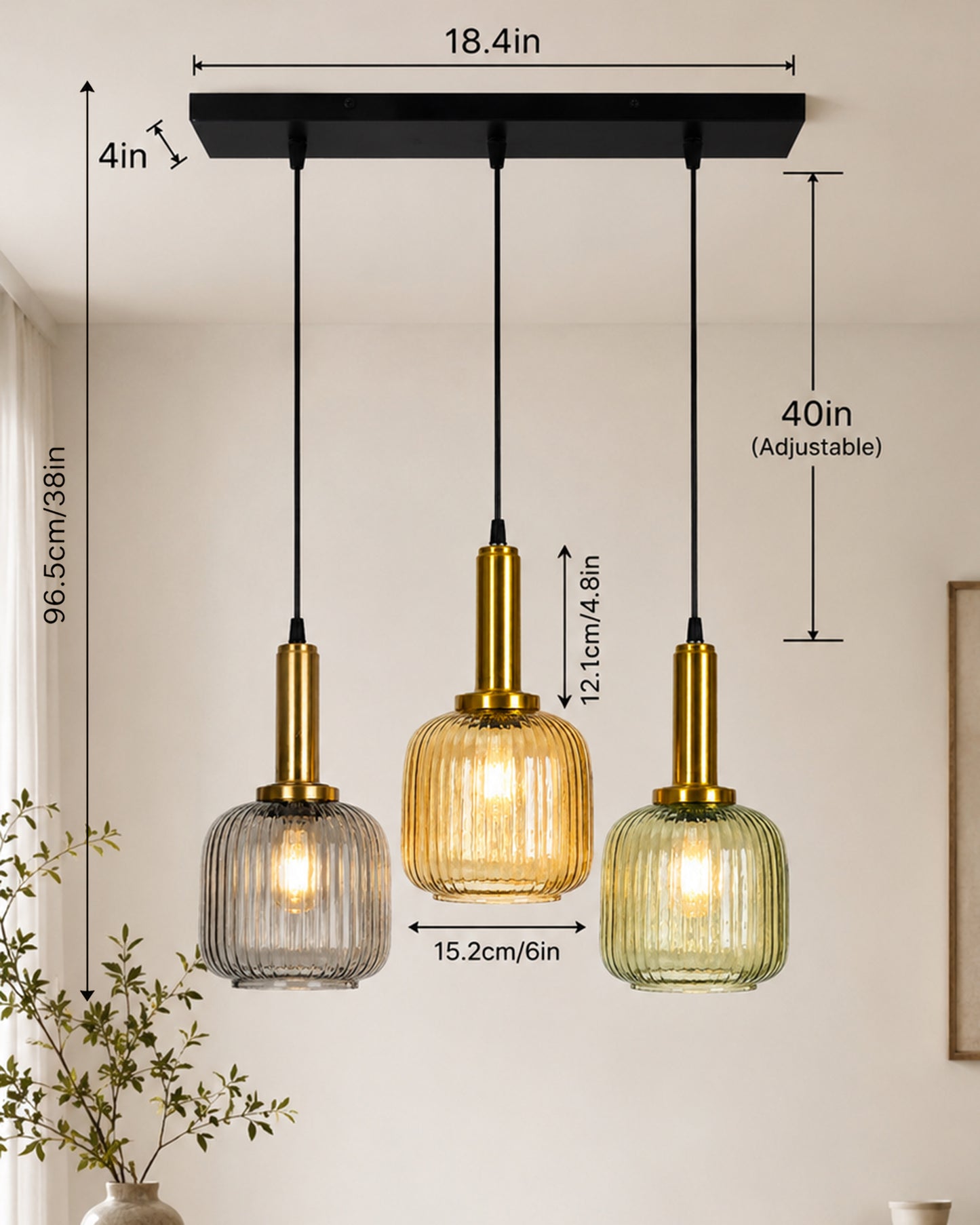 Homesake® 3-Light Ribbed Glass Hanging Pendant Light Cluster | Antique Brass Fluted Glass Ceiling Lamp with Round Canopy | Modern Glass Chandelier for Kitchen Island, Dining Room & Living Room