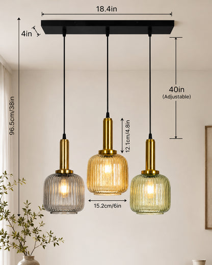 Homesake® 3-Light Ribbed Glass Hanging Pendant Light Cluster | Antique Brass Fluted Glass Ceiling Lamp with Round Canopy | Modern Glass Chandelier for Kitchen Island, Dining Room & Living Room