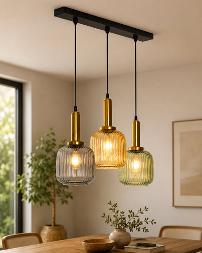 Homesake® 3-Light Ribbed Glass Hanging Pendant Light Cluster | Antique Brass Fluted Glass Ceiling Lamp with Round Canopy | Modern Glass Chandelier for Kitchen Island, Dining Room & Living Room