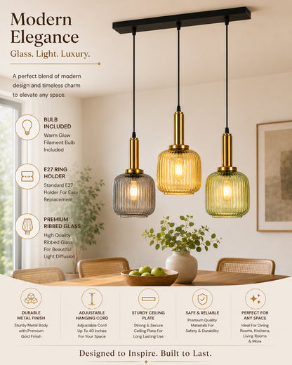 Homesake® 3-Light Ribbed Glass Hanging Pendant Light Cluster | Antique Brass Fluted Glass Ceiling Lamp with Round Canopy | Modern Glass Chandelier for Kitchen Island, Dining Room & Living Room