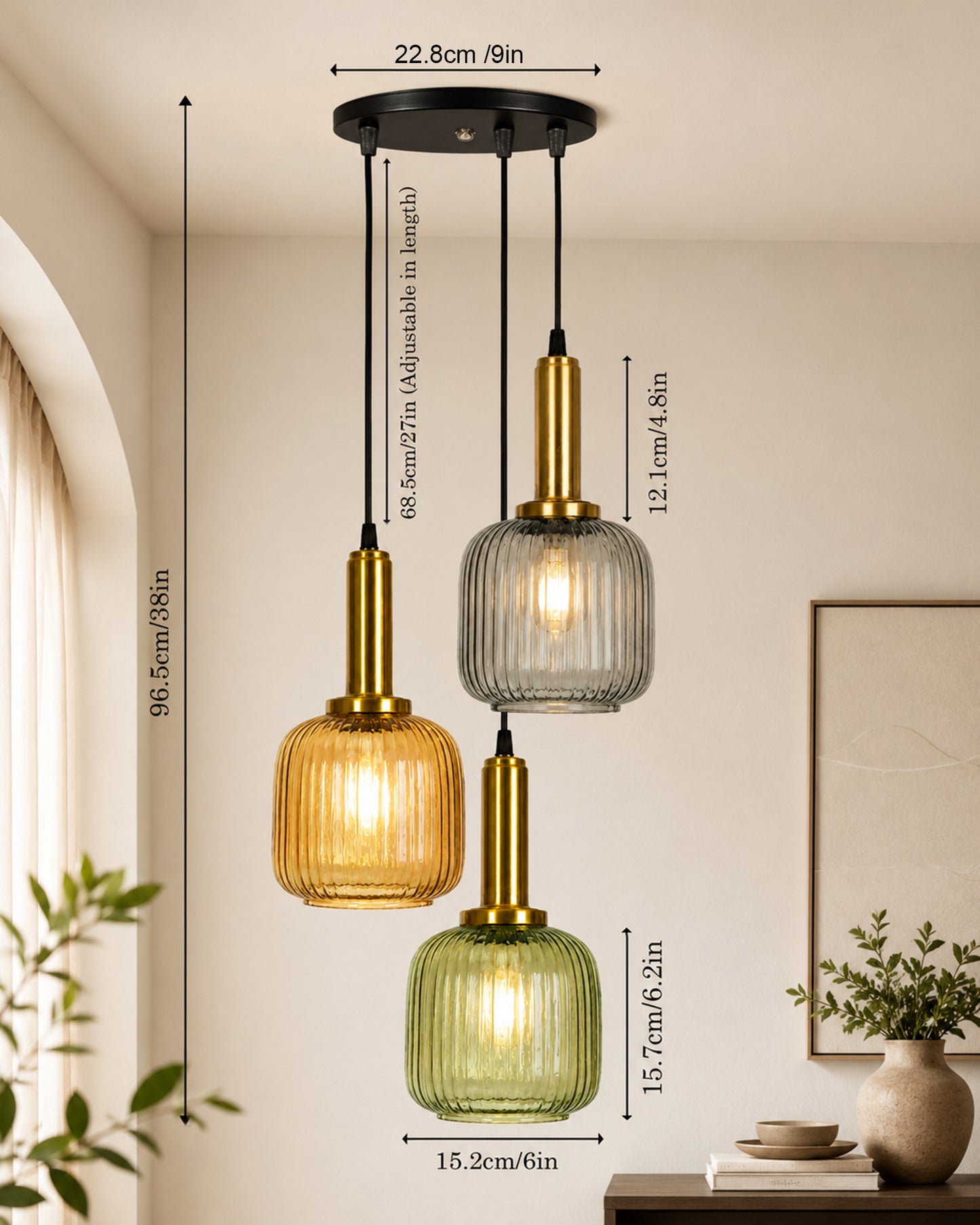 Homesake® 3-Light Ribbed Glass Hanging Pendant Light Cluster | Antique Brass Fluted Glass Ceiling Lamp with Round Canopy | Modern Glass Chandelier for Kitchen Island, Dining Room & Living Room