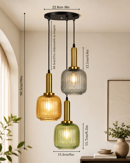 Homesake® 3-Light Ribbed Glass Hanging Pendant Light Cluster | Antique Brass Fluted Glass Ceiling Lamp with Round Canopy | Modern Glass Chandelier for Kitchen Island, Dining Room & Living Room