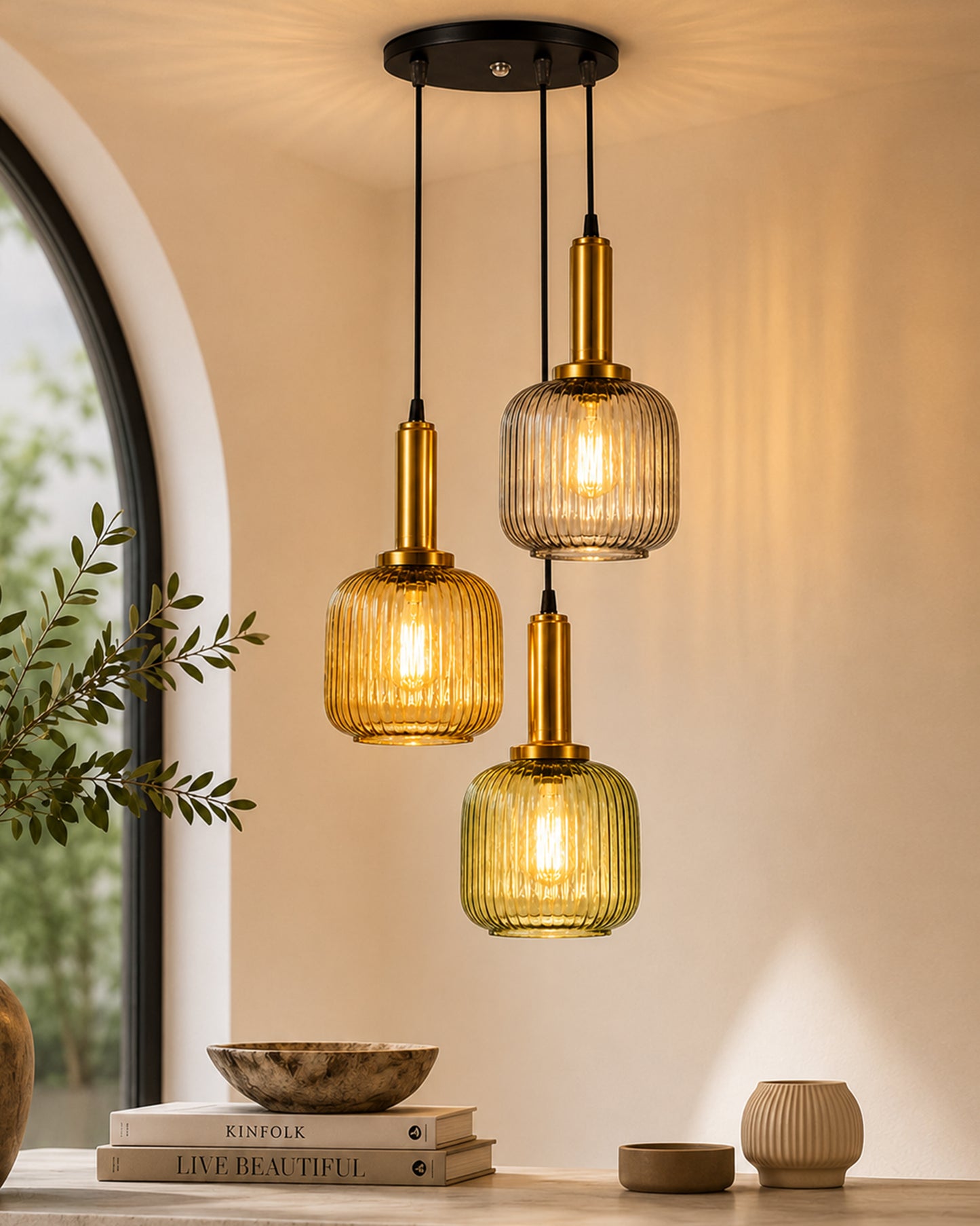 Homesake® 3-Light Ribbed Glass Hanging Pendant Light Cluster | Antique Brass Fluted Glass Ceiling Lamp with Round Canopy | Modern Glass Chandelier for Kitchen Island, Dining Room & Living Room