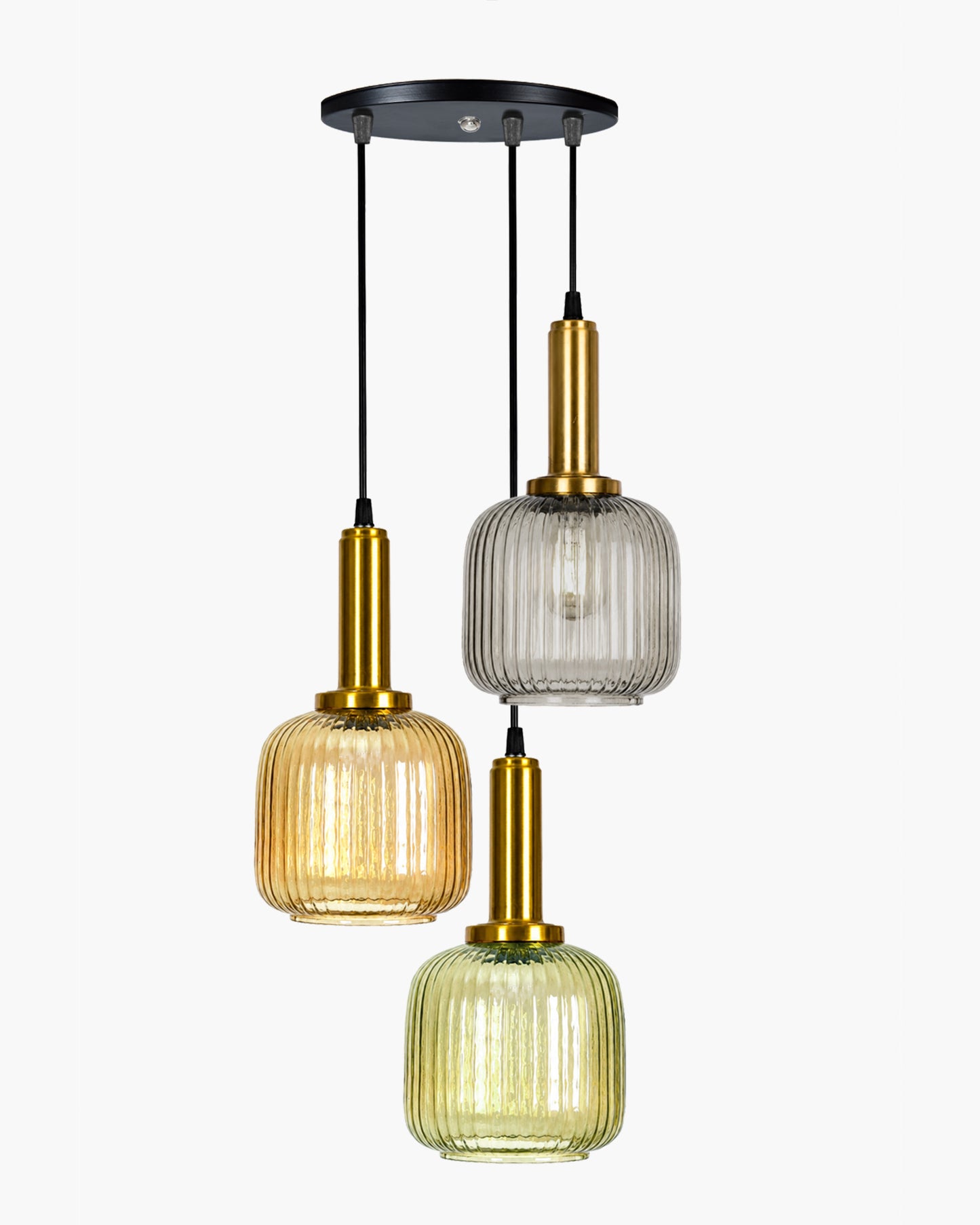 Homesake® 3-Light Ribbed Glass Hanging Pendant Light Cluster | Antique Brass Fluted Glass Ceiling Lamp with Round Canopy | Modern Glass Chandelier for Kitchen Island, Dining Room & Living Room