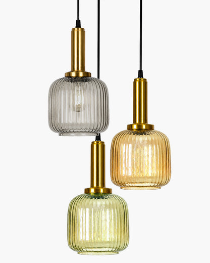 Homesake® 3-Light Ribbed Glass Hanging Pendant Light Cluster | Antique Brass Fluted Glass Ceiling Lamp with Round Canopy | Modern Glass Chandelier for Kitchen Island, Dining Room & Living Room