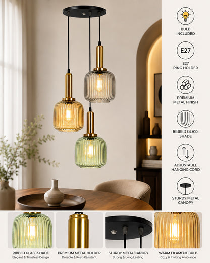 Homesake® 3-Light Ribbed Glass Hanging Pendant Light Cluster | Antique Brass Fluted Glass Ceiling Lamp with Round Canopy | Modern Glass Chandelier for Kitchen Island, Dining Room & Living Room