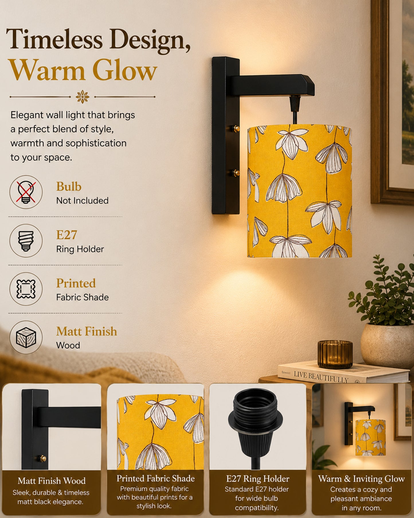 Homesake® Cherry Wood Hanging Wall Lamp with Fabric Drum Shade | Modern Rustic Bedside Wall Light | Decorative Wooden Sconce for Living Room, Bedroom & Hallway