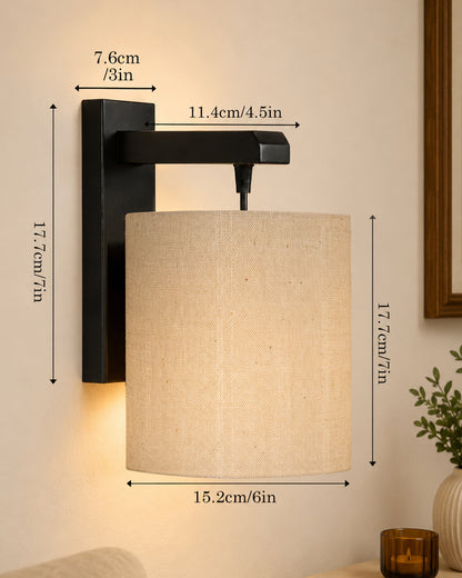 Homesake® Cherry Wood Hanging Wall Lamp with Fabric Drum Shade | Modern Rustic Bedside Wall Light | Decorative Wooden Sconce for Living Room, Bedroom & Hallway