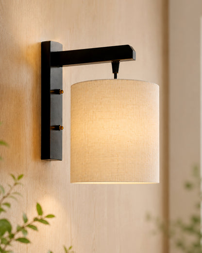 Homesake® Cherry Wood Hanging Wall Lamp with Fabric Drum Shade | Modern Rustic Bedside Wall Light | Decorative Wooden Sconce for Living Room, Bedroom & Hallway
