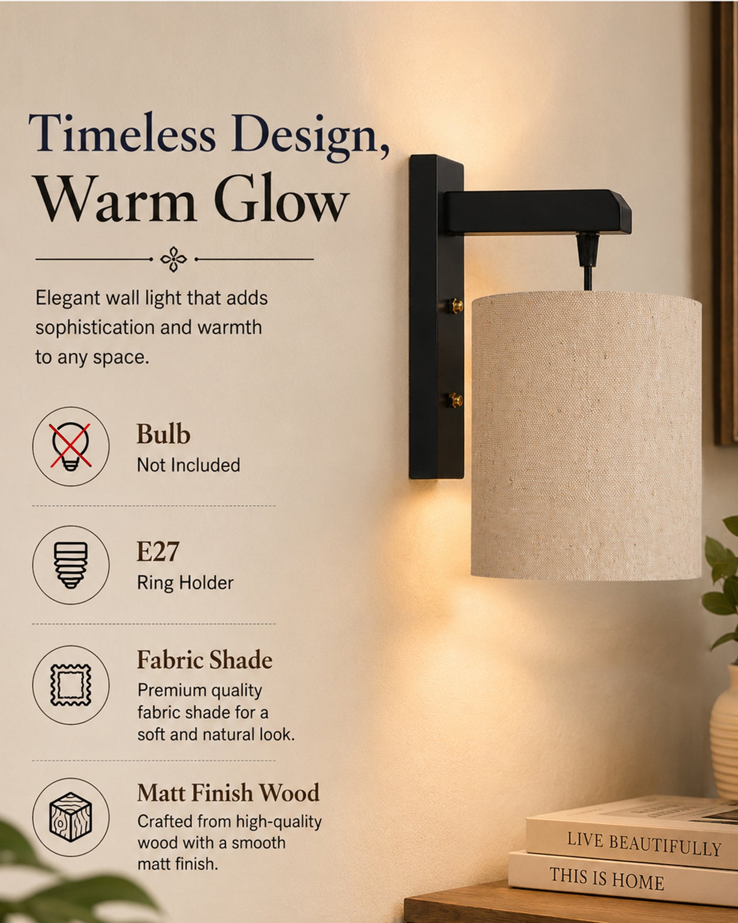 Homesake® Cherry Wood Hanging Wall Lamp with Fabric Drum Shade | Modern Rustic Bedside Wall Light | Decorative Wooden Sconce for Living Room, Bedroom & Hallway