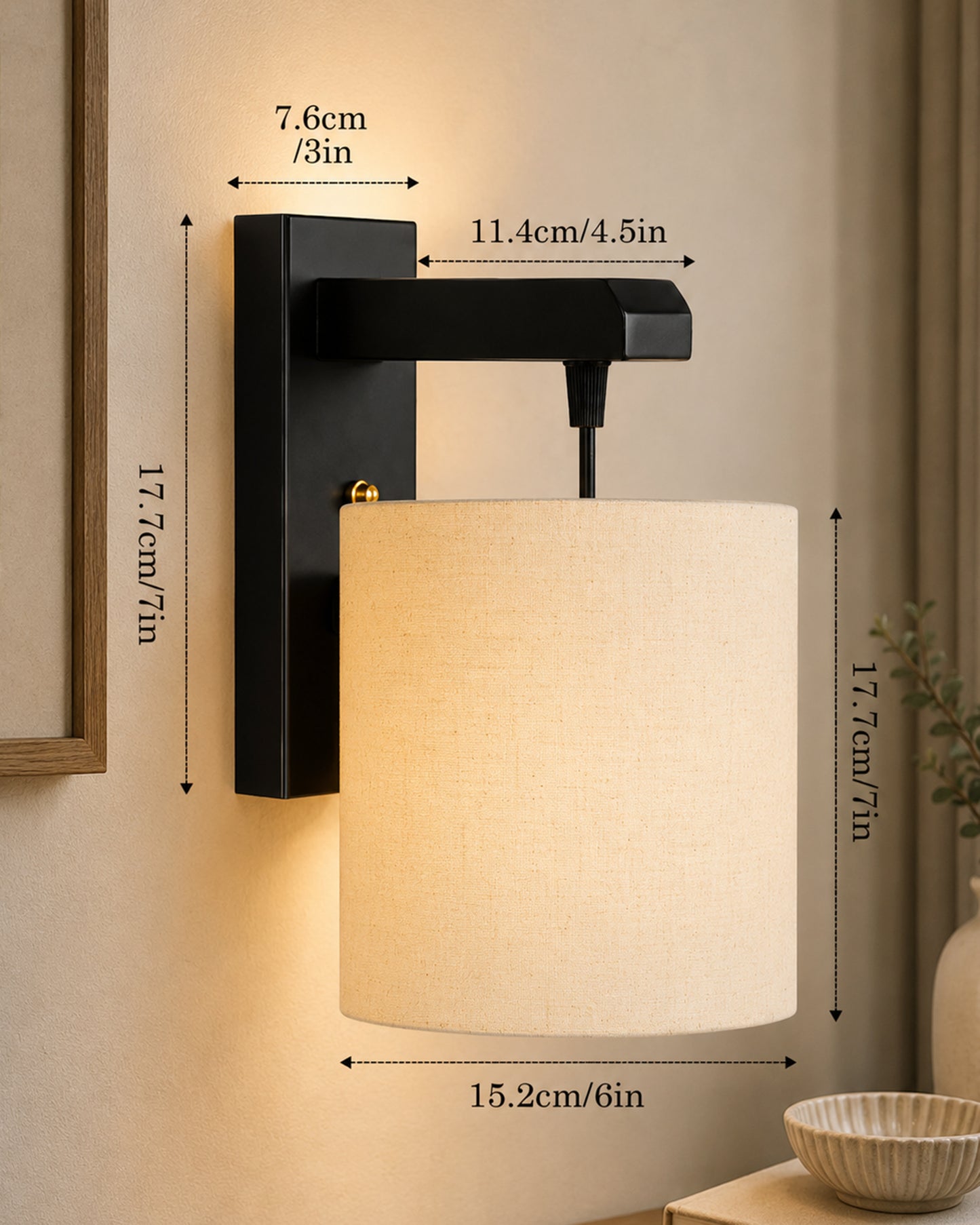 Homesake® Cherry Wood Hanging Wall Lamp with Fabric Drum Shade | Modern Rustic Bedside Wall Light | Decorative Wooden Sconce for Living Room, Bedroom & Hallway