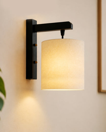 Homesake® Cherry Wood Hanging Wall Lamp with Fabric Drum Shade | Modern Rustic Bedside Wall Light | Decorative Wooden Sconce for Living Room, Bedroom & Hallway