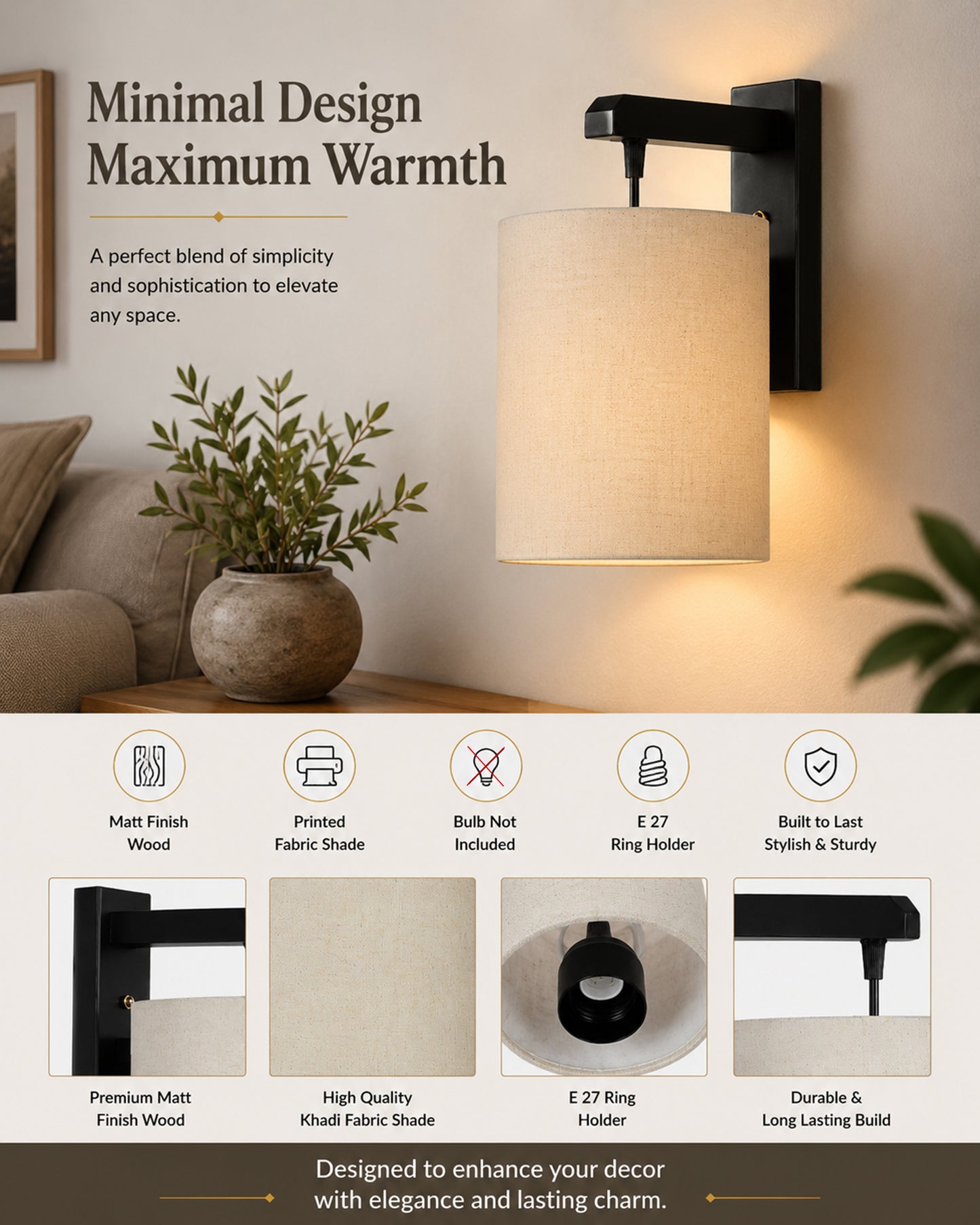 Homesake® Cherry Wood Hanging Wall Lamp with Fabric Drum Shade | Modern Rustic Bedside Wall Light | Decorative Wooden Sconce for Living Room, Bedroom & Hallway