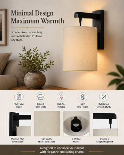 Homesake® Cherry Wood Hanging Wall Lamp with Fabric Drum Shade | Modern Rustic Bedside Wall Light | Decorative Wooden Sconce for Living Room, Bedroom & Hallway