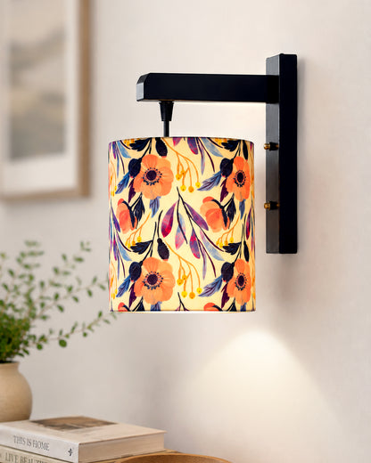 Homesake® Cherry Wood Hanging Wall Lamp with Fabric Drum Shade | Modern Rustic Bedside Wall Light | Decorative Wooden Sconce for Living Room, Bedroom & Hallway