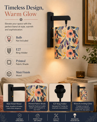 Homesake® Cherry Wood Hanging Wall Lamp with Fabric Drum Shade | Modern Rustic Bedside Wall Light | Decorative Wooden Sconce for Living Room, Bedroom & Hallway