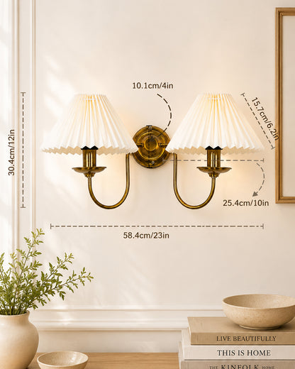 Homesake® Brass Gold Double Wall Light with Pleated Fabric Shades, Modern Luxury Metal Wall Sconce for Bedroom, Living Room, Hallway, Hotel, E27 Wall Lamp, Decorative Indoor Wall Lighting