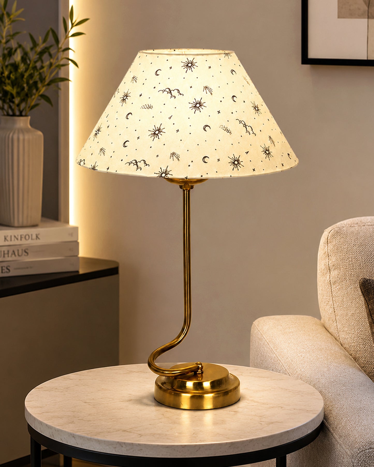 Homesake® Modern Brass Finish Table Lamp with Retro Khadi Fabric Shade | Decorative Bedside Night Lamp for Bedroom, Living Room, Study Table, Office & Home Décor | Warm Ambient Light