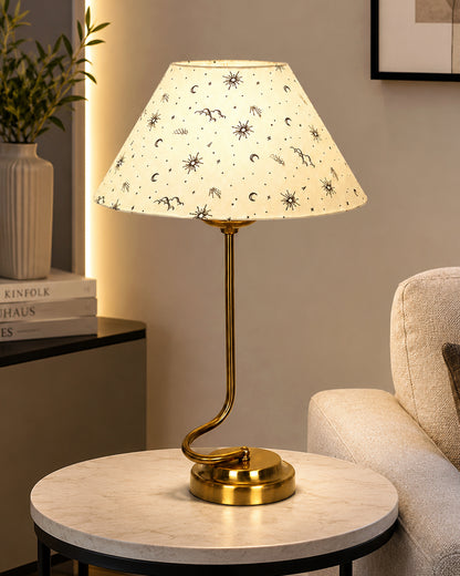 Homesake® Modern Brass Finish Table Lamp with Retro Khadi Fabric Shade | Decorative Bedside Night Lamp for Bedroom, Living Room, Study Table, Office & Home Décor | Warm Ambient Light