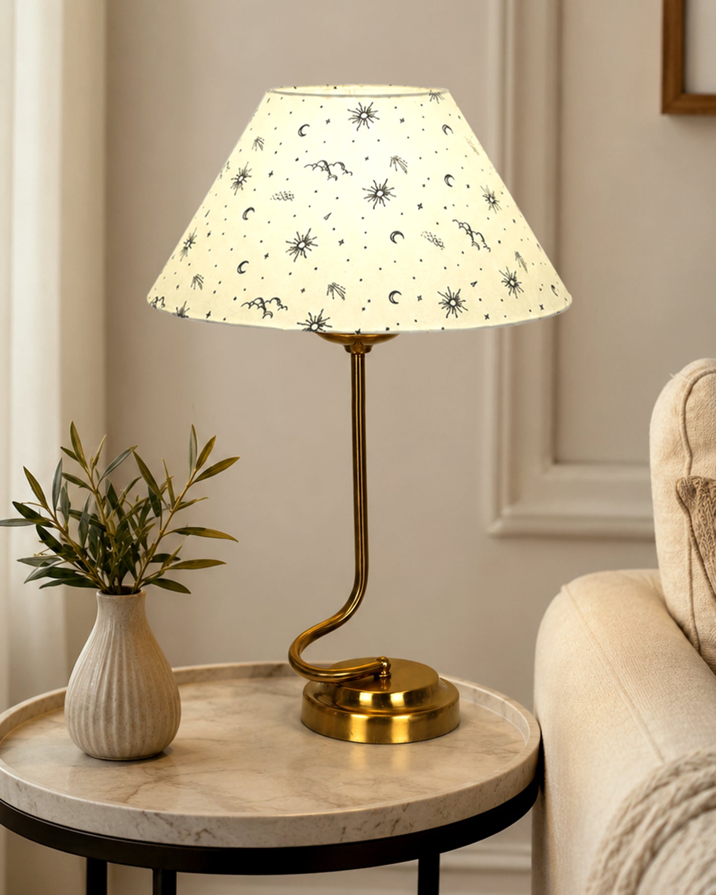Homesake® Modern Brass Finish Table Lamp with Retro Khadi Fabric Shade | Decorative Bedside Night Lamp for Bedroom, Living Room, Study Table, Office & Home Décor | Warm Ambient Light