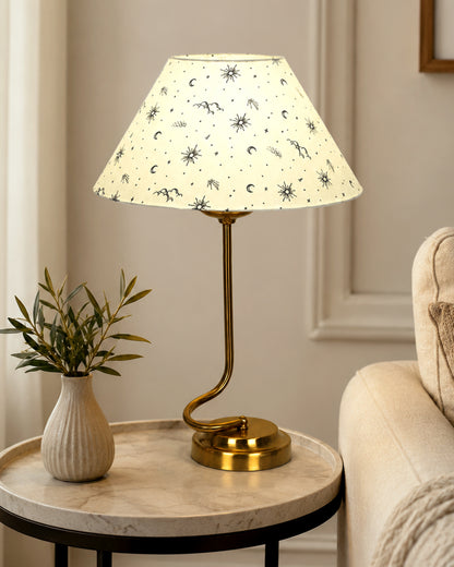 Homesake® Modern Brass Finish Table Lamp with Retro Khadi Fabric Shade | Decorative Bedside Night Lamp for Bedroom, Living Room, Study Table, Office & Home Décor | Warm Ambient Light