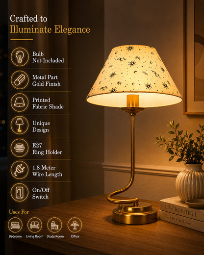 Homesake® Modern Brass Finish Table Lamp with Retro Khadi Fabric Shade | Decorative Bedside Night Lamp for Bedroom, Living Room, Study Table, Office & Home Décor | Warm Ambient Light