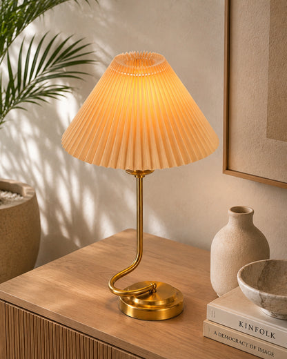 Homesake® Modern Brass Finish Table Lamp with Retro Khadi Fabric Shade | Decorative Bedside Night Lamp for Bedroom, Living Room, Study Table, Office & Home Décor | Warm Ambient Light