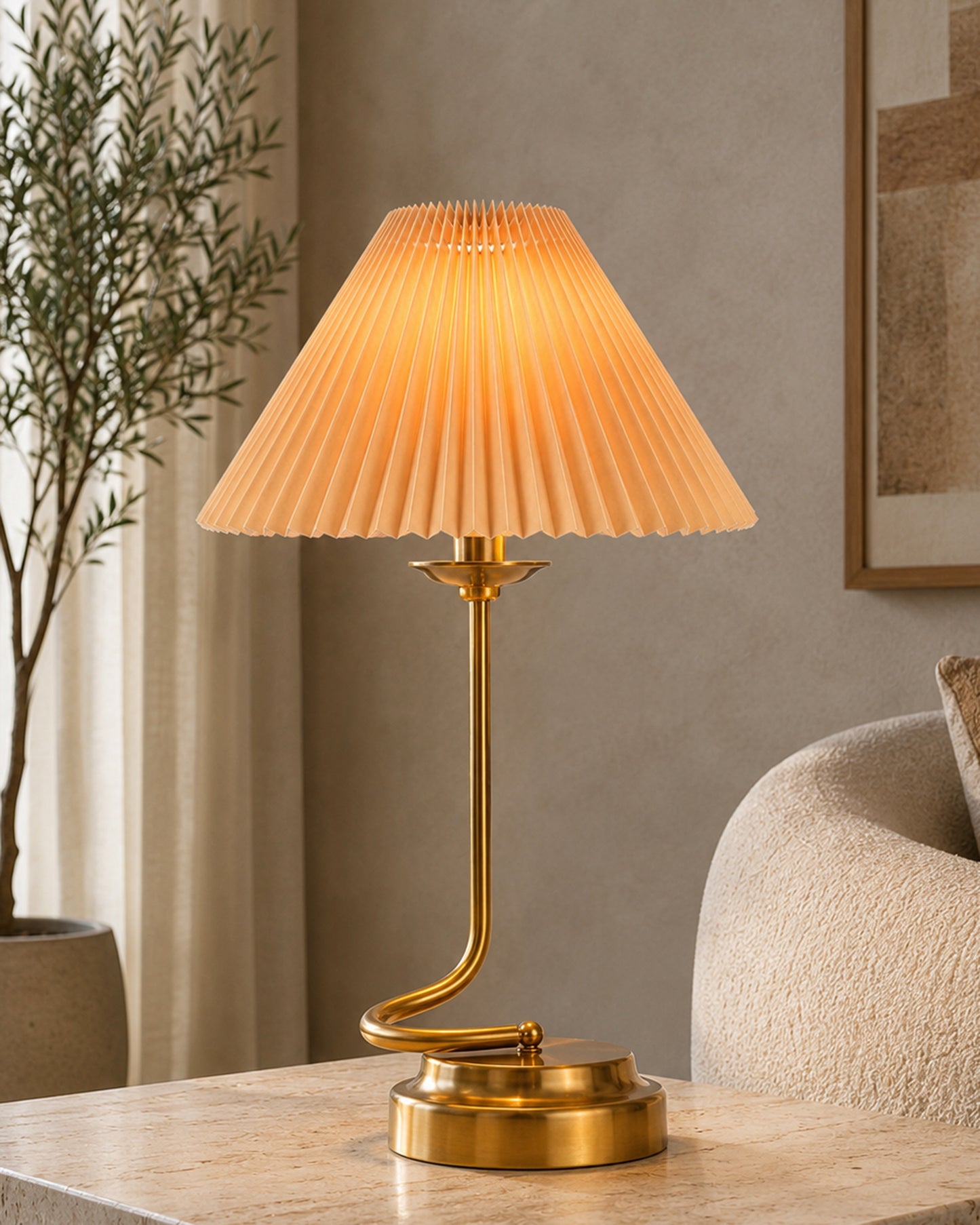 Homesake® Modern Brass Finish Table Lamp with Retro Khadi Fabric Shade | Decorative Bedside Night Lamp for Bedroom, Living Room, Study Table, Office & Home Décor | Warm Ambient Light