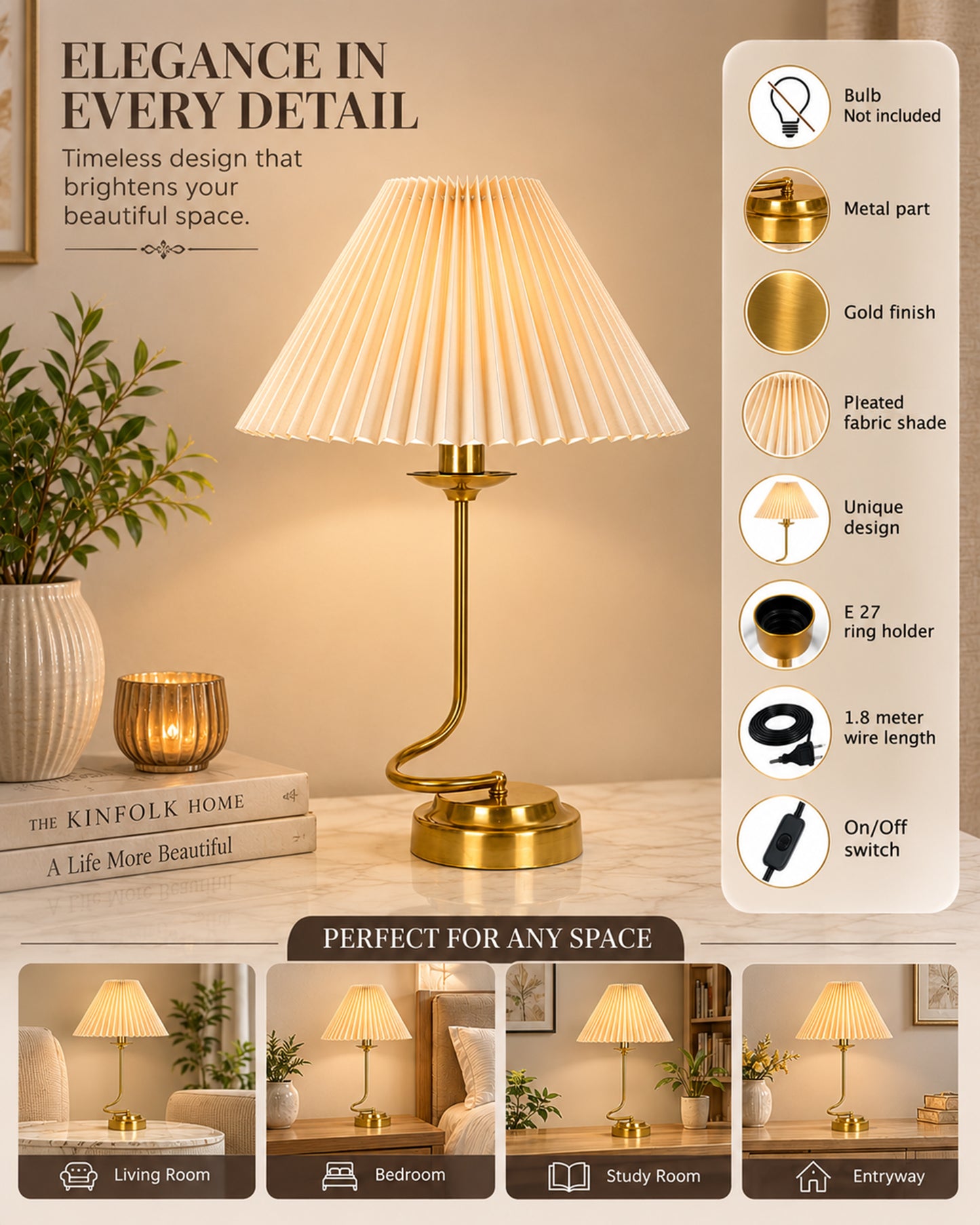 Homesake® Modern Brass Finish Table Lamp with Retro Khadi Fabric Shade | Decorative Bedside Night Lamp for Bedroom, Living Room, Study Table, Office & Home Décor | Warm Ambient Light