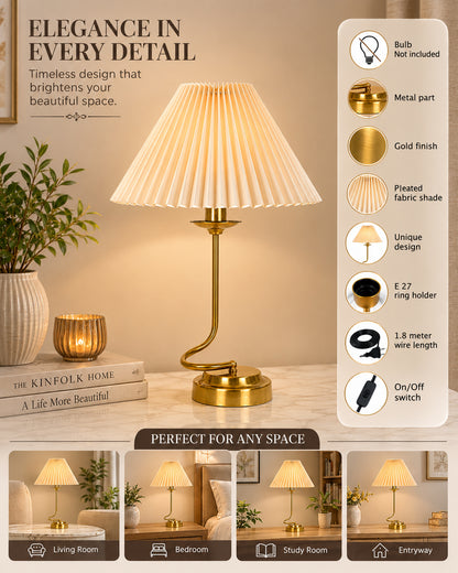 Homesake® Modern Brass Finish Table Lamp with Retro Khadi Fabric Shade | Decorative Bedside Night Lamp for Bedroom, Living Room, Study Table, Office & Home Décor | Warm Ambient Light