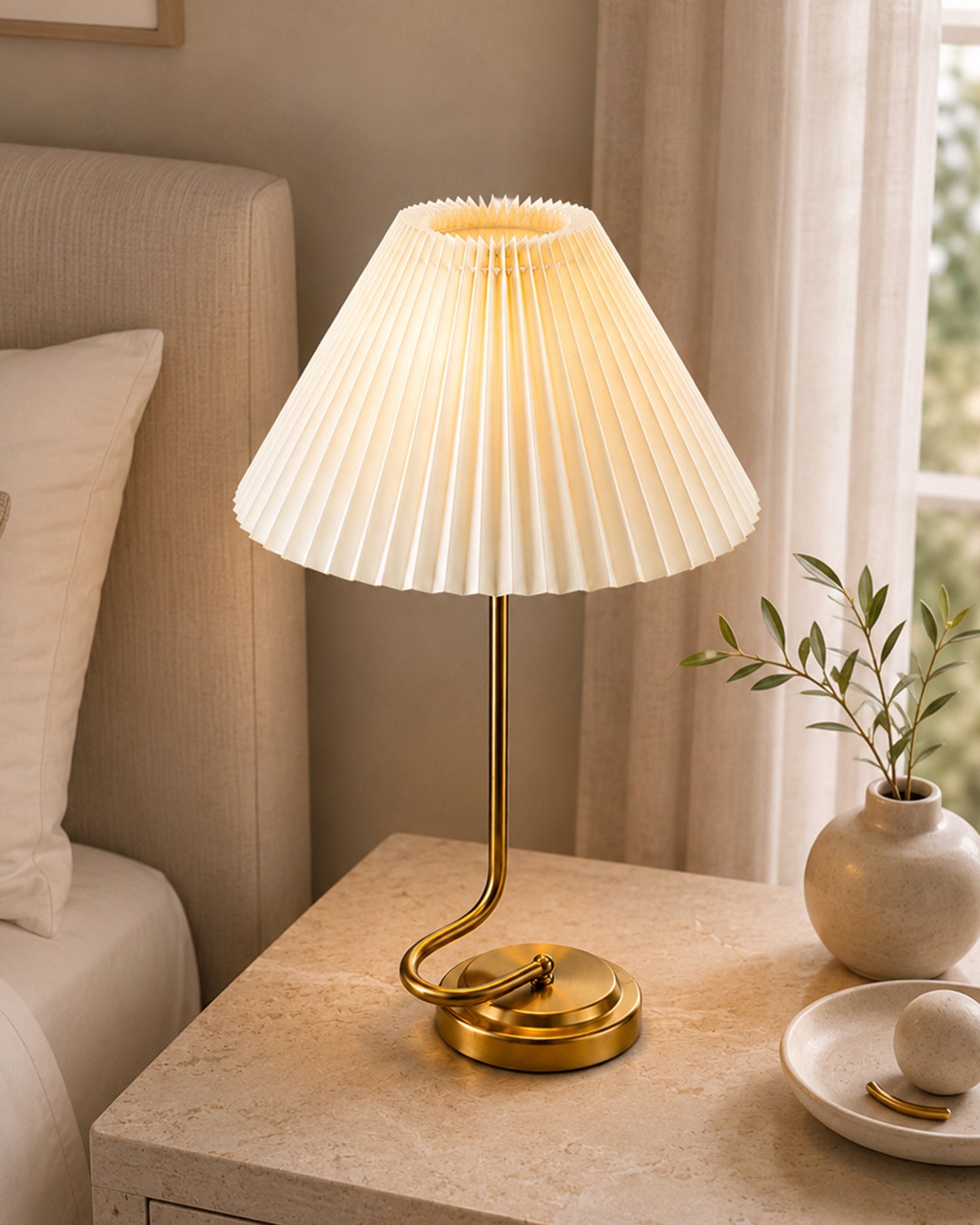 Homesake® Modern Brass Finish Table Lamp with Retro Khadi Fabric Shade | Decorative Bedside Night Lamp for Bedroom, Living Room, Study Table, Office & Home Décor | Warm Ambient Light