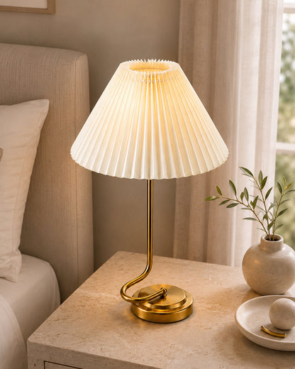 Homesake® Modern Brass Finish Table Lamp with Retro Khadi Fabric Shade | Decorative Bedside Night Lamp for Bedroom, Living Room, Study Table, Office & Home Décor | Warm Ambient Light