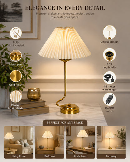 Homesake® Modern Brass Finish Table Lamp with Retro Khadi Fabric Shade | Decorative Bedside Night Lamp for Bedroom, Living Room, Study Table, Office & Home Décor | Warm Ambient Light