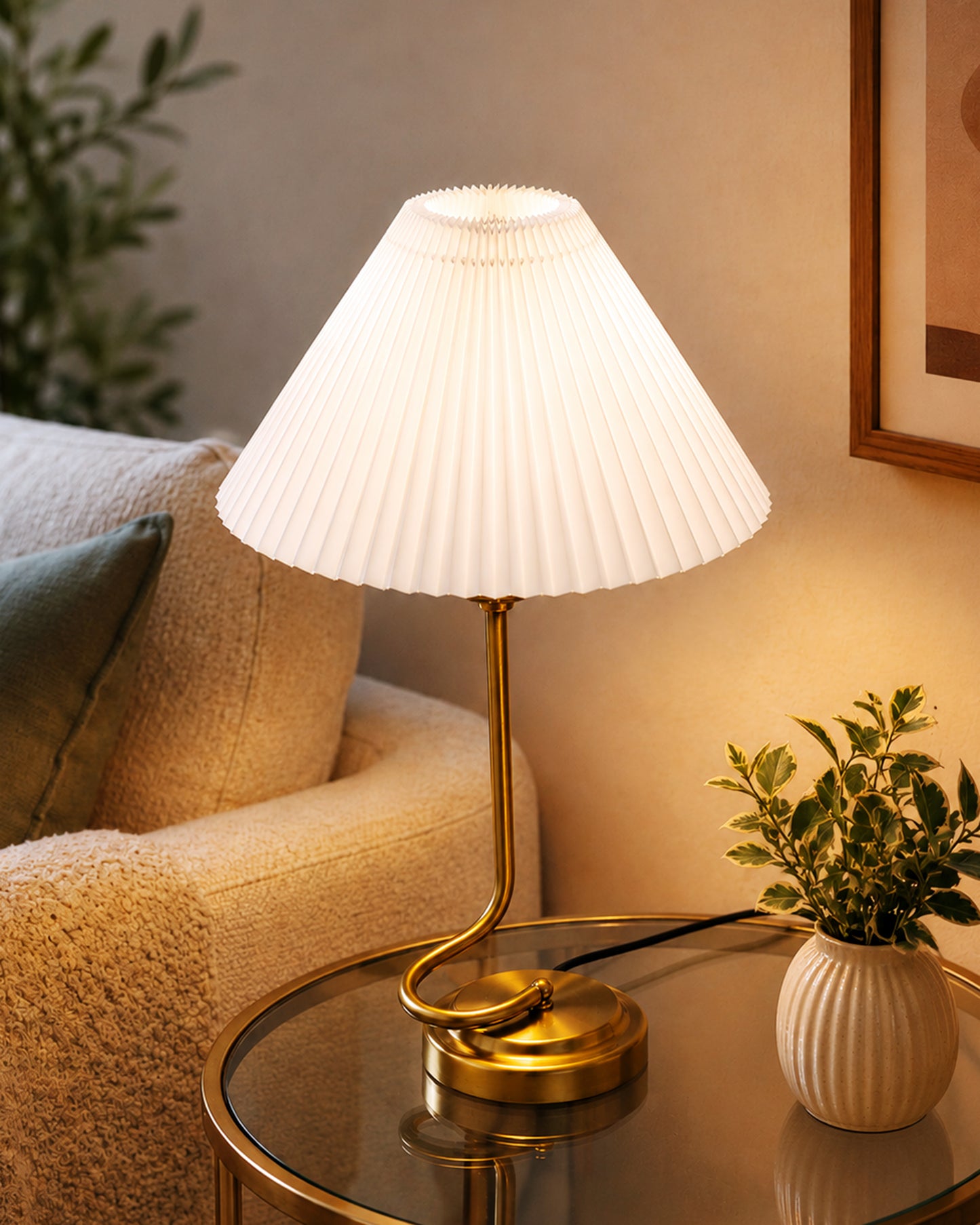 Homesake® Modern Brass Finish Table Lamp with Retro Khadi Fabric Shade | Decorative Bedside Night Lamp for Bedroom, Living Room, Study Table, Office & Home Décor | Warm Ambient Light