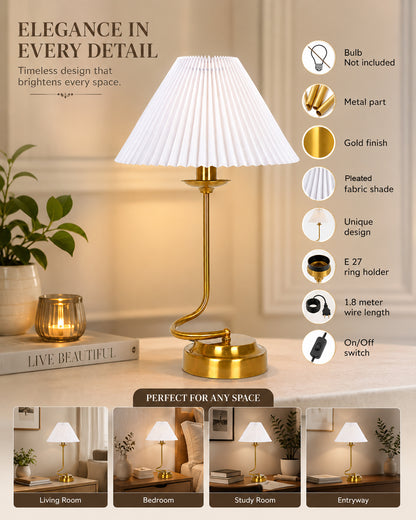 Homesake® Modern Brass Finish Table Lamp with Retro Khadi Fabric Shade | Decorative Bedside Night Lamp for Bedroom, Living Room, Study Table, Office & Home Décor | Warm Ambient Light
