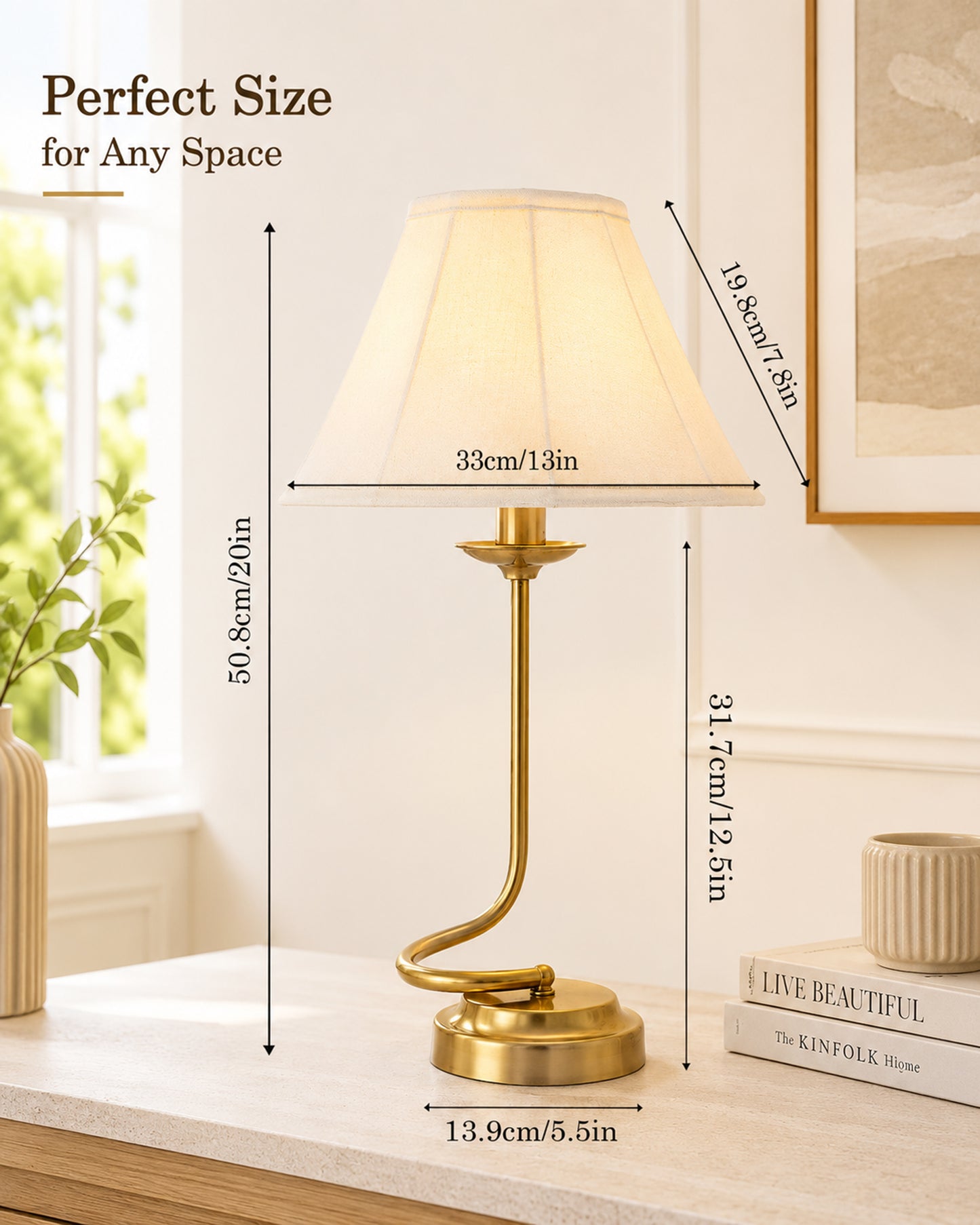 Homesake® Modern Brass Finish Table Lamp with Retro Khadi Fabric Shade | Decorative Bedside Night Lamp for Bedroom, Living Room, Study Table, Office & Home Décor | Warm Ambient Light