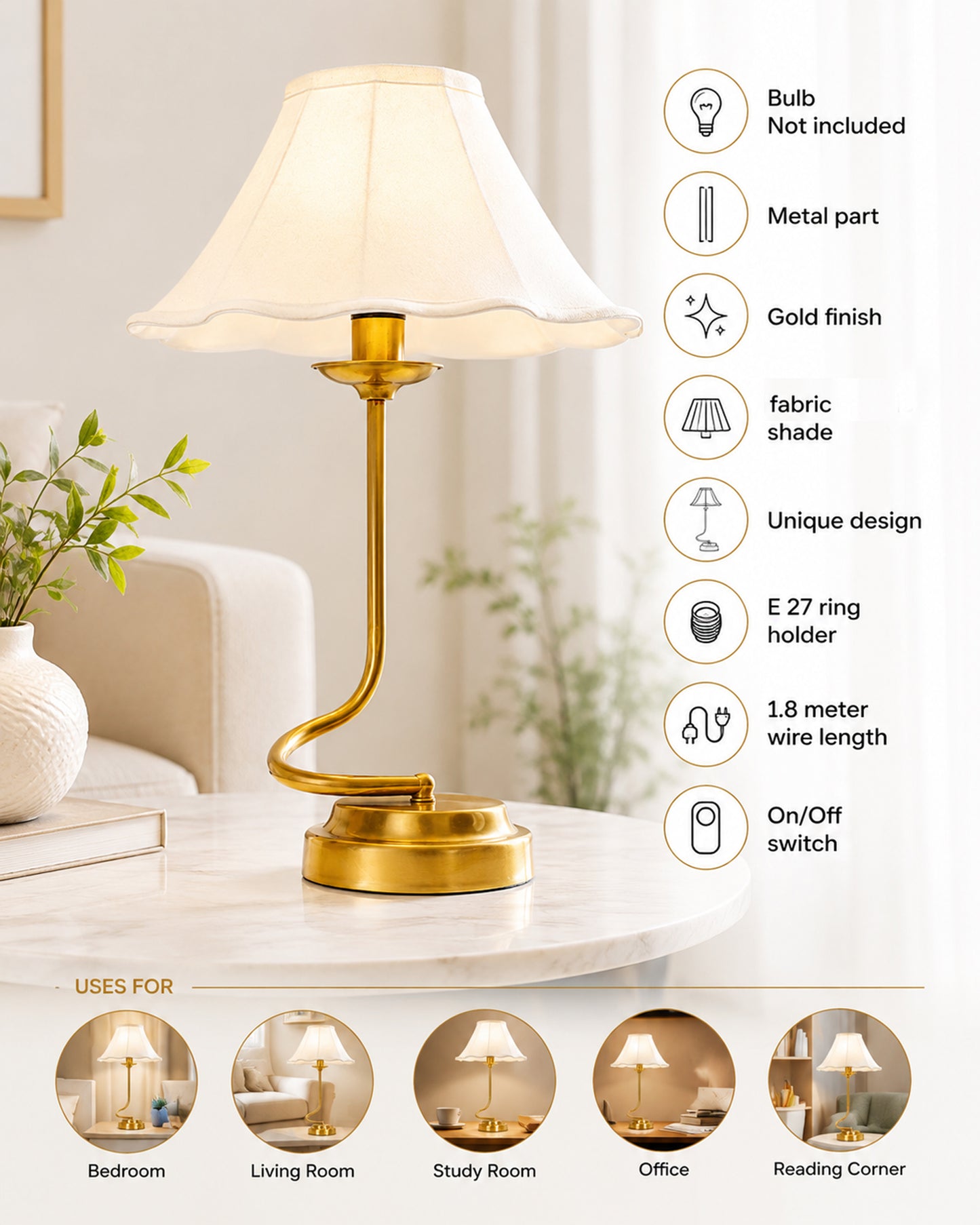 Homesake® Modern Brass Finish Table Lamp with Retro Khadi Fabric Shade | Decorative Bedside Night Lamp for Bedroom, Living Room, Study Table, Office & Home Décor | Warm Ambient Light